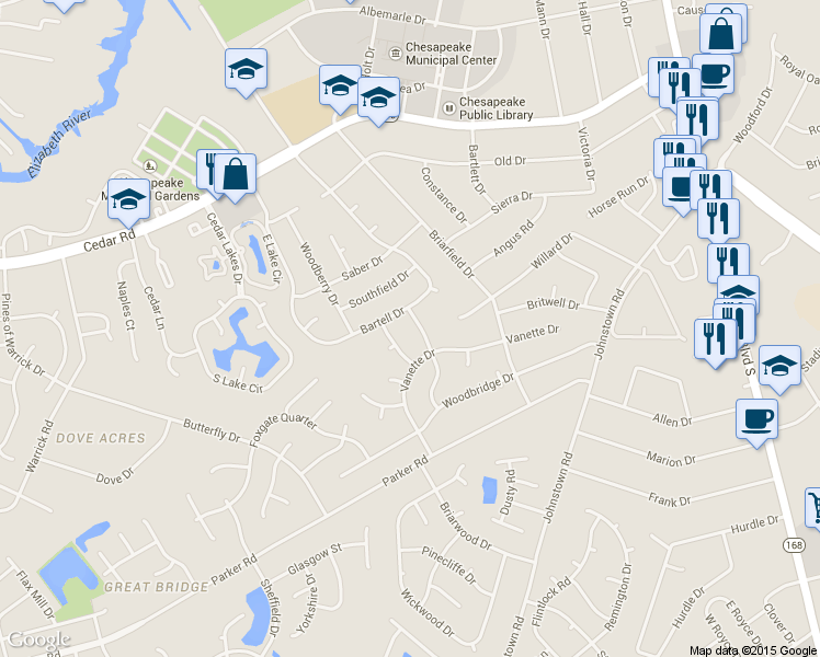 map of restaurants, bars, coffee shops, grocery stores, and more near 502 Caleb Drive in Chesapeake