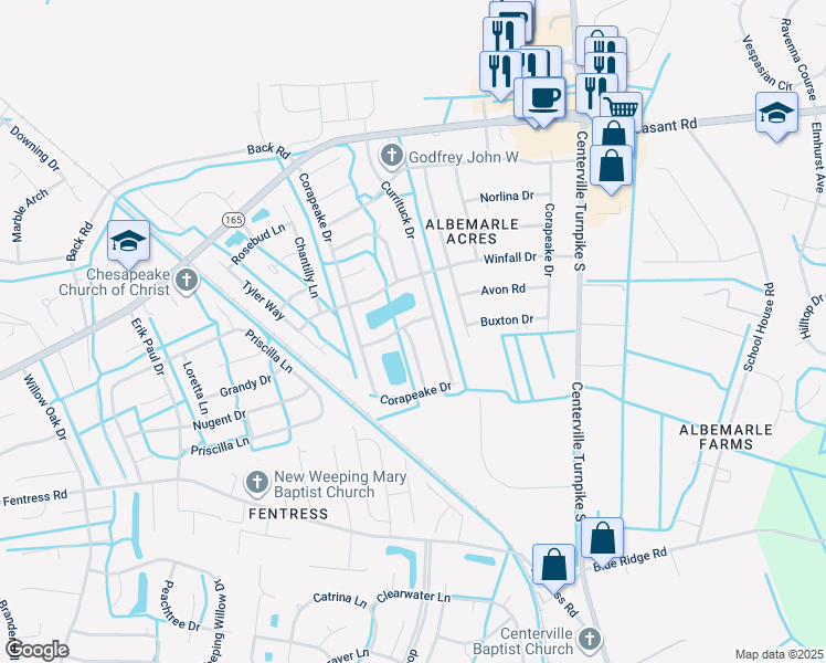 map of restaurants, bars, coffee shops, grocery stores, and more near 1319 Oregon Crossing in Chesapeake