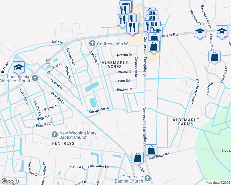 map of restaurants, bars, coffee shops, grocery stores, and more near 525 Fairfield Dr in Chesapeake