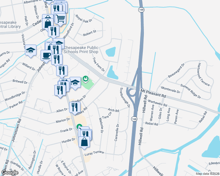 map of restaurants, bars, coffee shops, grocery stores, and more near 103 Ashley Road in Chesapeake
