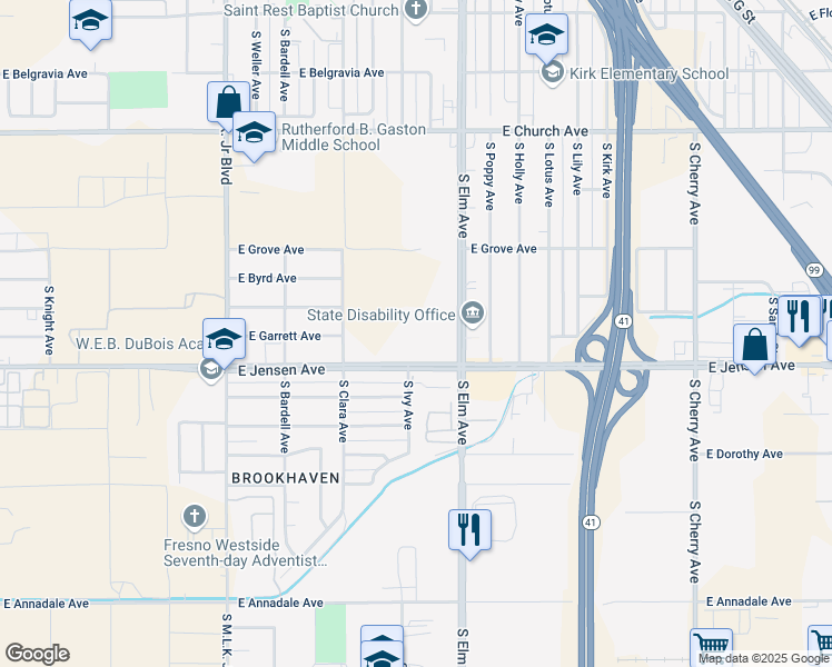 map of restaurants, bars, coffee shops, grocery stores, and more near 1515 East Jensen Avenue in Fresno