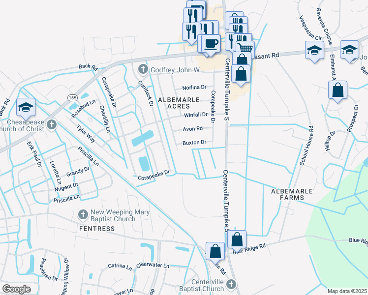 map of restaurants, bars, coffee shops, grocery stores, and more near 525 Fairfield Drive in Chesapeake