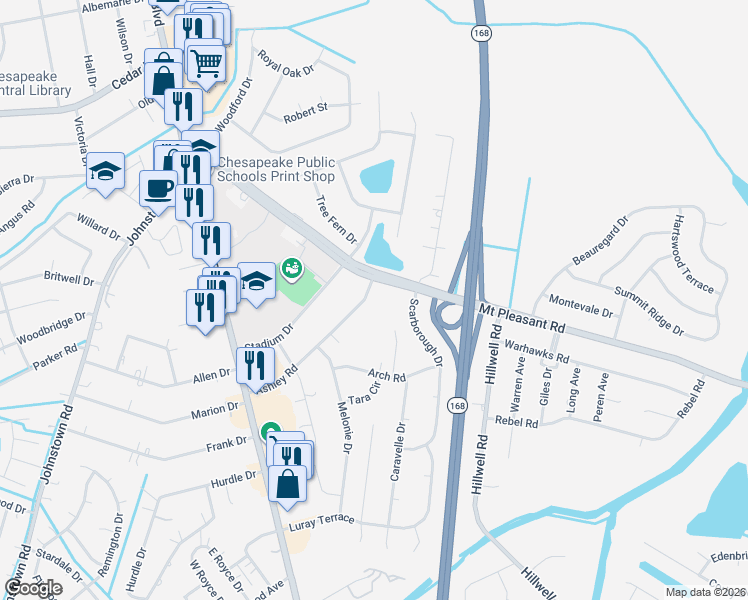 map of restaurants, bars, coffee shops, grocery stores, and more near 103 Ashley Road in Chesapeake