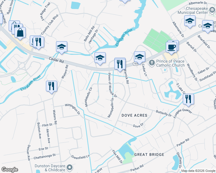 map of restaurants, bars, coffee shops, grocery stores, and more near 704 Montebello Circle in Chesapeake