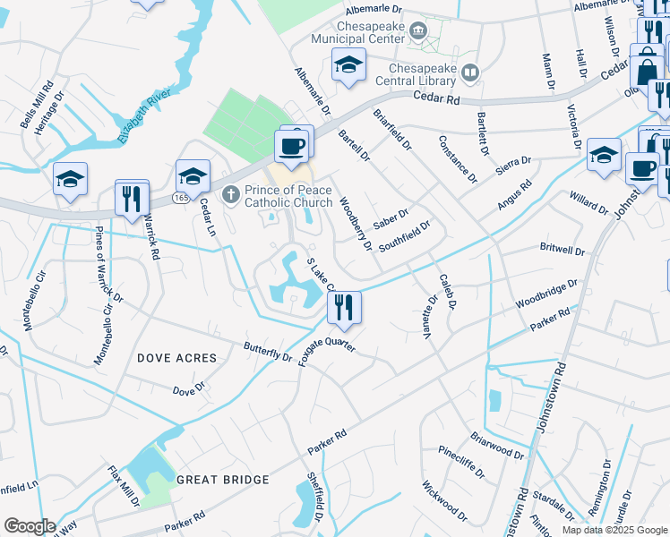 map of restaurants, bars, coffee shops, grocery stores, and more near 631 Bartell Drive in Chesapeake