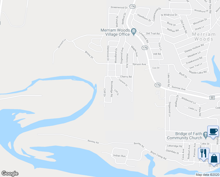 map of restaurants, bars, coffee shops, grocery stores, and more near 7030 Rockledge Road in Merriam Woods