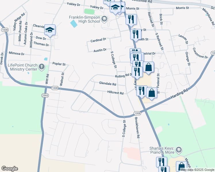 map of restaurants, bars, coffee shops, grocery stores, and more near 307 Glendale Road in Franklin