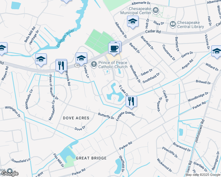 map of restaurants, bars, coffee shops, grocery stores, and more near 409 Breezy Point in Chesapeake