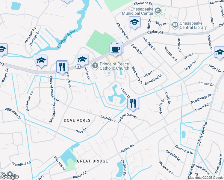 map of restaurants, bars, coffee shops, grocery stores, and more near 409 Breezy Point in Chesapeake