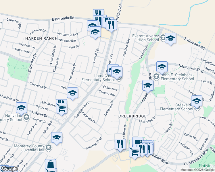 map of restaurants, bars, coffee shops, grocery stores, and more near 743 El Sur Avenue in Salinas
