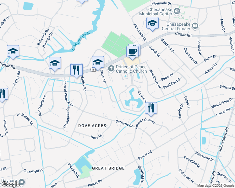 map of restaurants, bars, coffee shops, grocery stores, and more near 904 South Lake Circle in Chesapeake