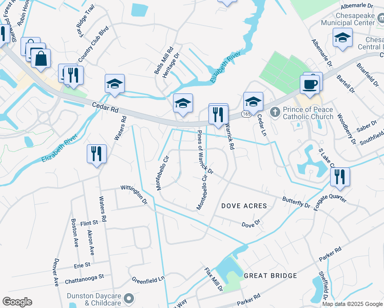 map of restaurants, bars, coffee shops, grocery stores, and more near 704 Montebello Circle in Chesapeake