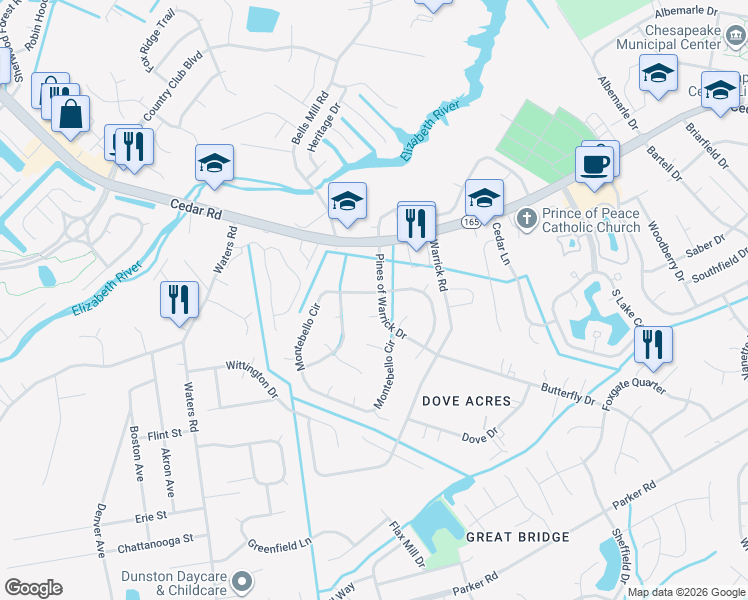 map of restaurants, bars, coffee shops, grocery stores, and more near 704 Montebello Circle in Chesapeake