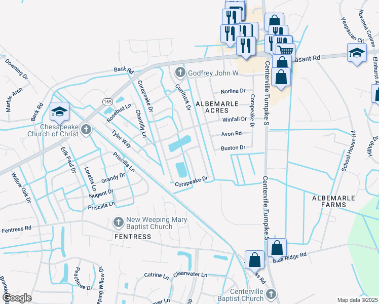 map of restaurants, bars, coffee shops, grocery stores, and more near 1319 Oregon Crossing in Chesapeake