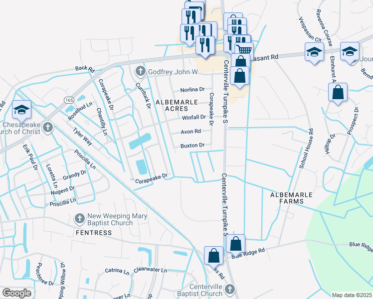 map of restaurants, bars, coffee shops, grocery stores, and more near 1409 Buxton Drive in Chesapeake