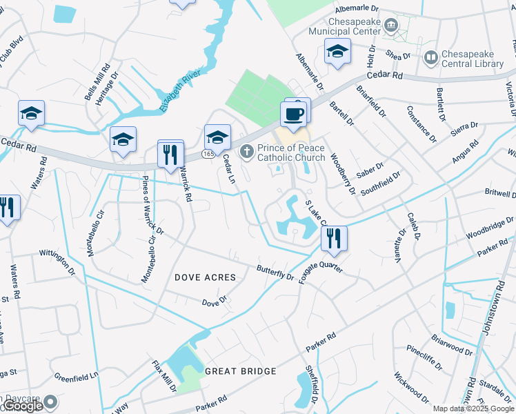 map of restaurants, bars, coffee shops, grocery stores, and more near 902 South Lake Circle in Chesapeake