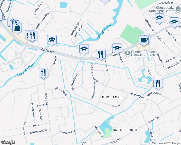 map of restaurants, bars, coffee shops, grocery stores, and more near 704 Montebello Circle in Chesapeake