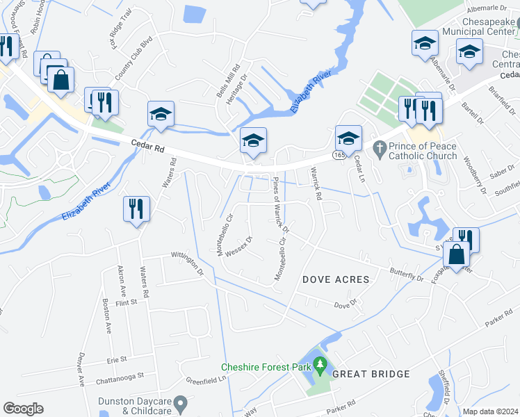 map of restaurants, bars, coffee shops, grocery stores, and more near 708 Montebello Circle in Chesapeake