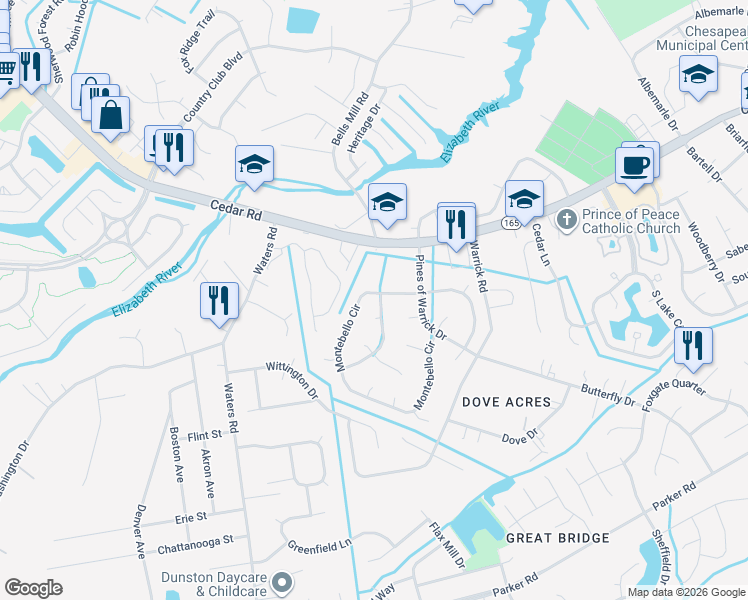 map of restaurants, bars, coffee shops, grocery stores, and more near 716 Montebello Circle in Chesapeake