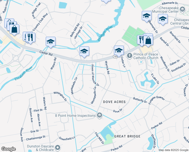 map of restaurants, bars, coffee shops, grocery stores, and more near 401 Pines of Warrick Drive in Chesapeake
