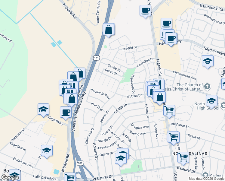 map of restaurants, bars, coffee shops, grocery stores, and more near 1547 Aragon Circle in Salinas