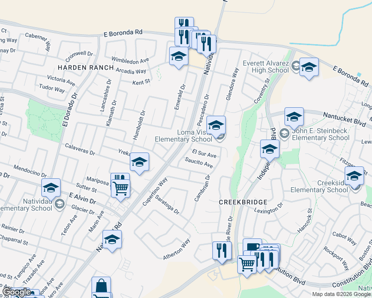 map of restaurants, bars, coffee shops, grocery stores, and more near 1735 Pescadero Drive in Salinas