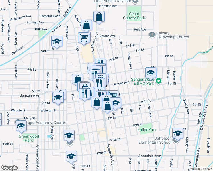 map of restaurants, bars, coffee shops, grocery stores, and more near 1130 Jensen Avenue in Sanger