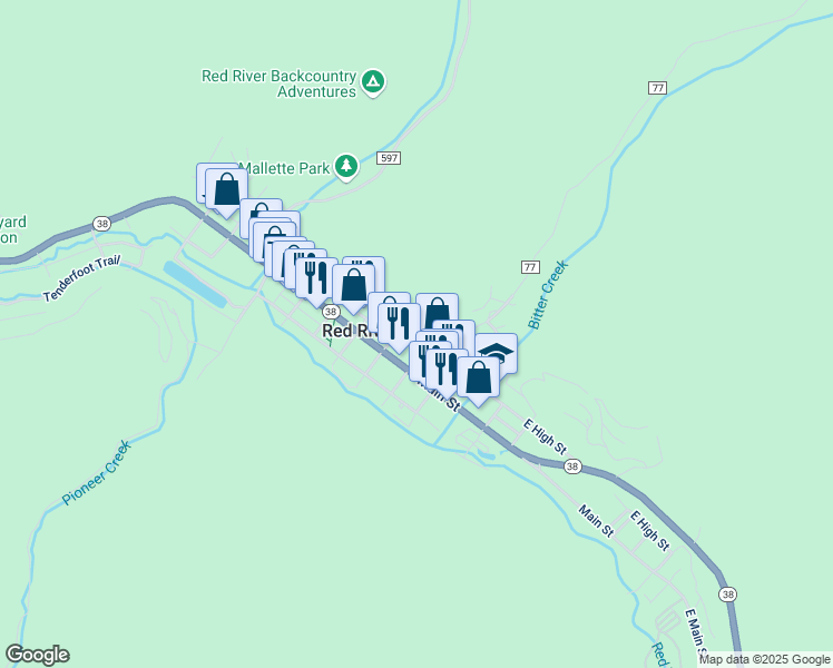 map of restaurants, bars, coffee shops, grocery stores, and more near 220 East High Street in Red River