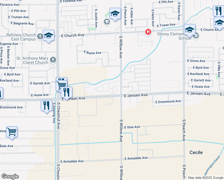 map of restaurants, bars, coffee shops, grocery stores, and more near 2591 South Richelle Avenue in Fresno