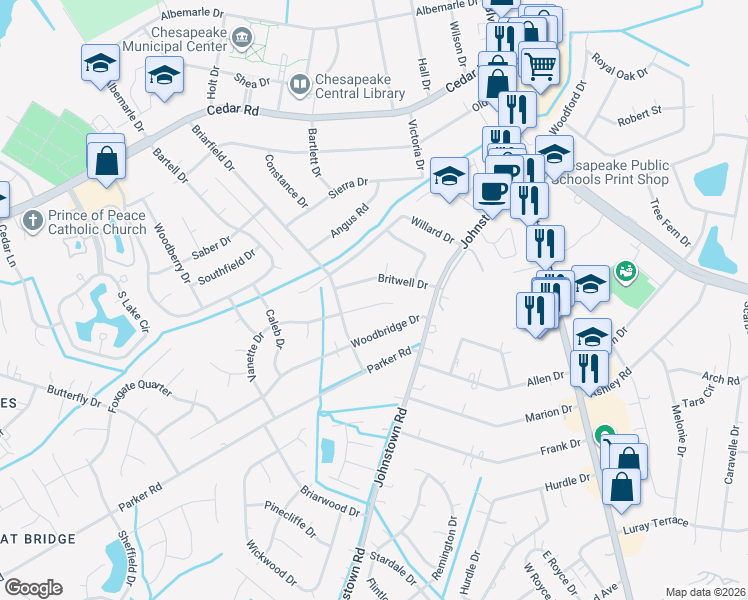 map of restaurants, bars, coffee shops, grocery stores, and more near 228 Vanette Drive in Chesapeake