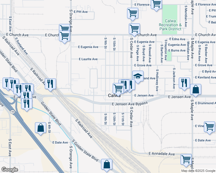 map of restaurants, bars, coffee shops, grocery stores, and more near 2571 South 9th Street in Fresno