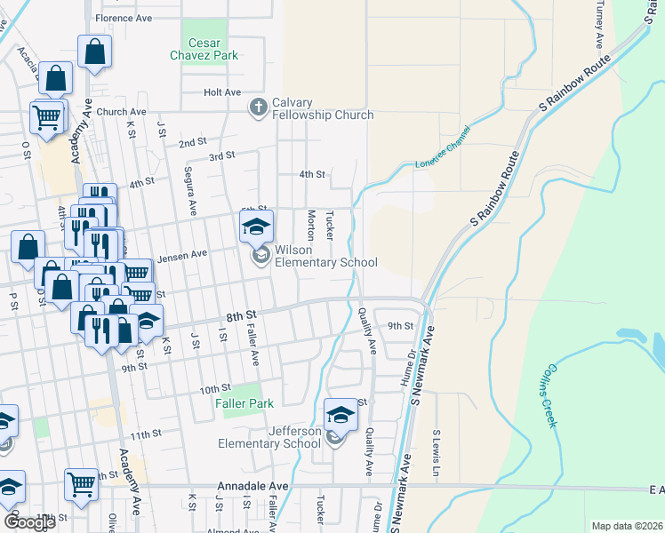 map of restaurants, bars, coffee shops, grocery stores, and more near 505 Sixth Street in Sanger