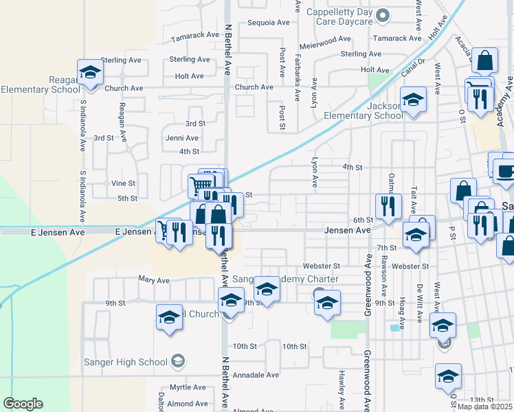 map of restaurants, bars, coffee shops, grocery stores, and more near 538 North Bethel Avenue in Sanger