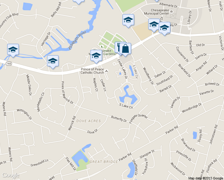 map of restaurants, bars, coffee shops, grocery stores, and more near 904 South Lake Circle in Chesapeake