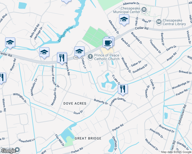 map of restaurants, bars, coffee shops, grocery stores, and more near 906 South Lake Circle in Chesapeake