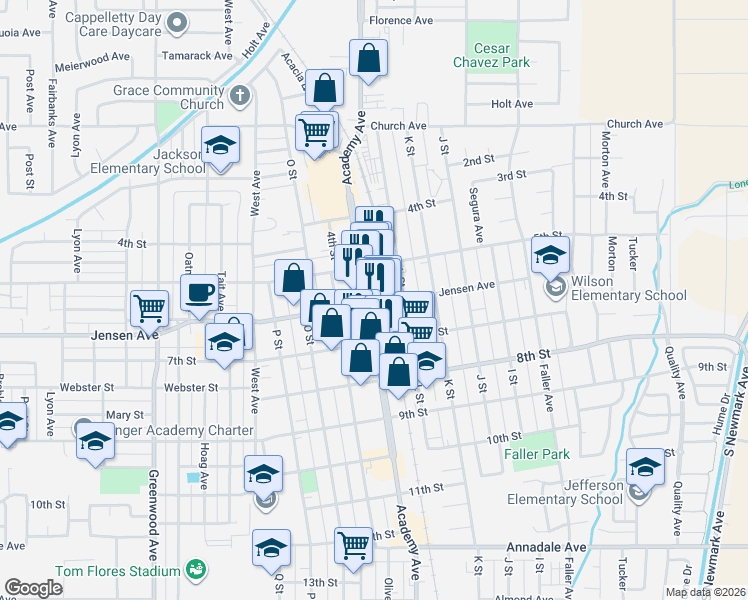 map of restaurants, bars, coffee shops, grocery stores, and more near in Sanger