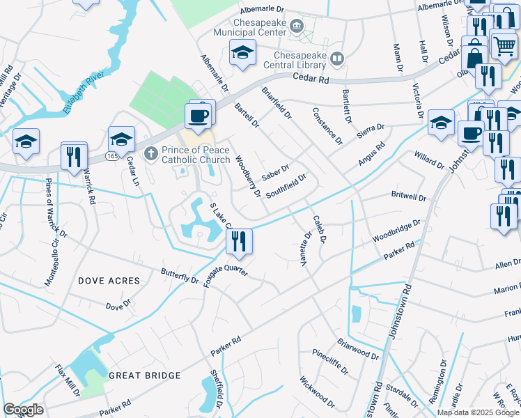 map of restaurants, bars, coffee shops, grocery stores, and more near 416 Woodberry Drive in Chesapeake