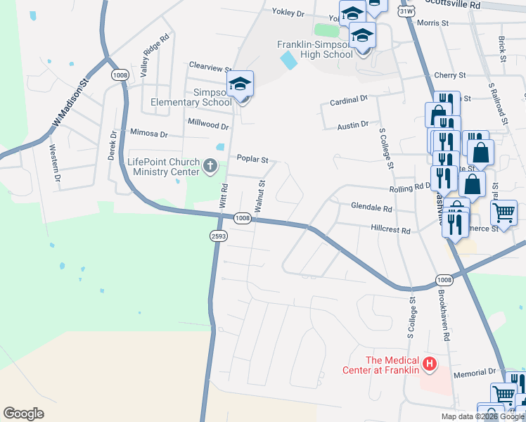 map of restaurants, bars, coffee shops, grocery stores, and more near 801-805 Walnut Street in Franklin