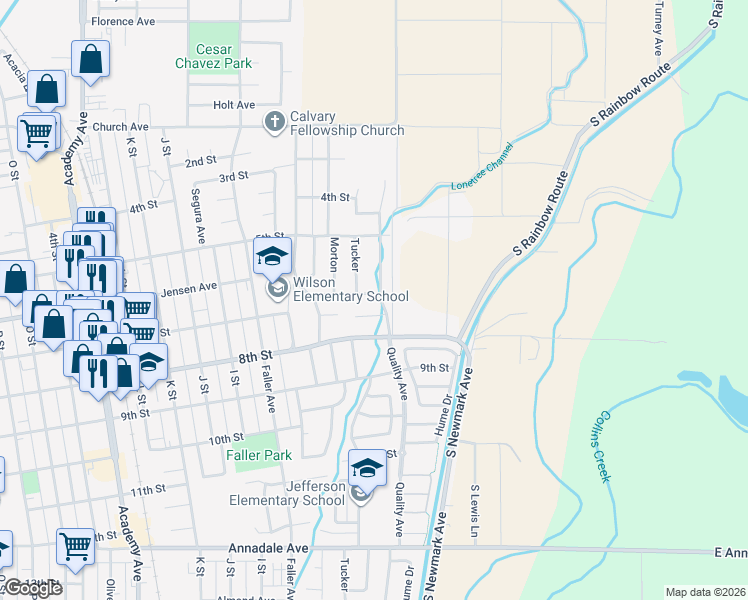 map of restaurants, bars, coffee shops, grocery stores, and more near 505 6th Street in Sanger