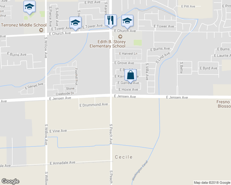 map of restaurants, bars, coffee shops, grocery stores, and more near 5212 East Hoxie Avenue in Fresno