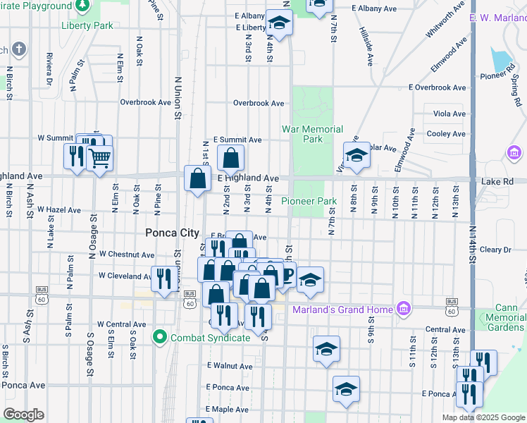 map of restaurants, bars, coffee shops, grocery stores, and more near 500 North 4th Street in Ponca City