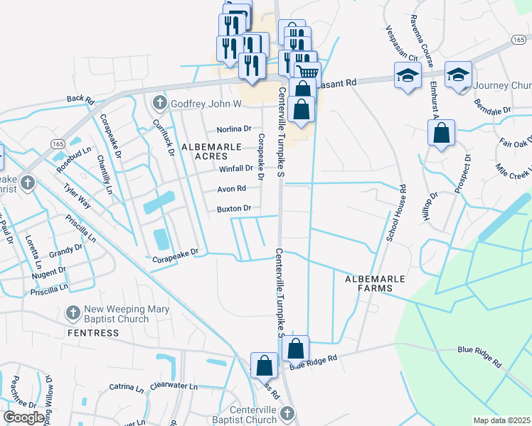 map of restaurants, bars, coffee shops, grocery stores, and more near 529 Corapeake Drive in Chesapeake
