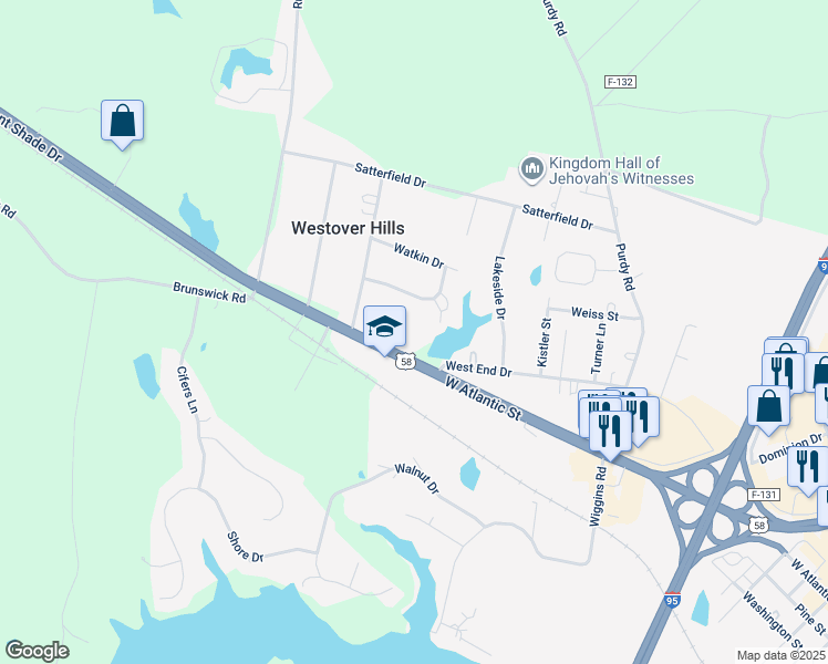 map of restaurants, bars, coffee shops, grocery stores, and more near 103 Pleasant Shade Drive in Emporia