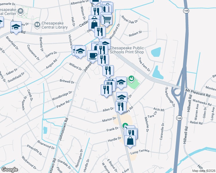 map of restaurants, bars, coffee shops, grocery stores, and more near 207 Williamsburg Drive in Chesapeake