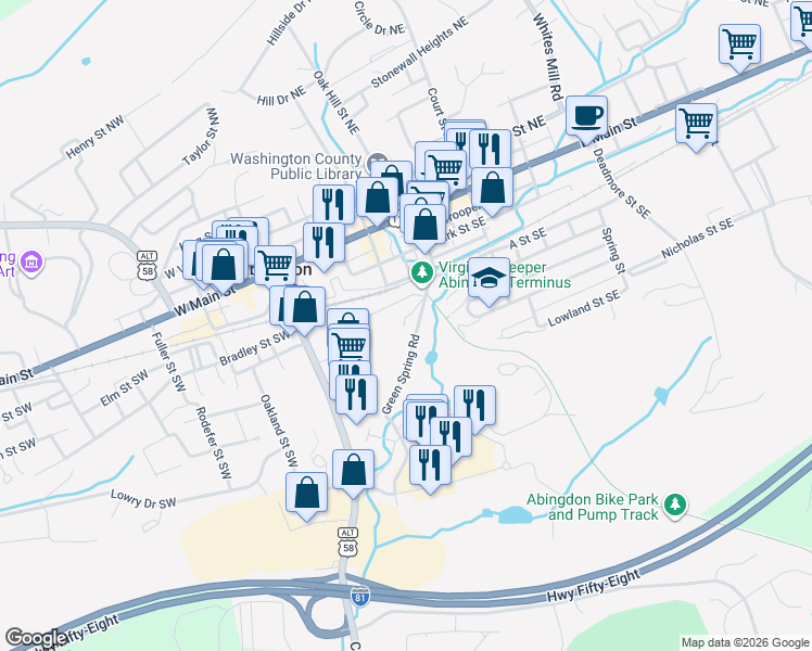map of restaurants, bars, coffee shops, grocery stores, and more near 350 Gibson Street Southeast in Abingdon