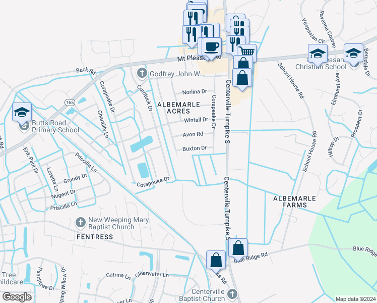 map of restaurants, bars, coffee shops, grocery stores, and more near 1409 Buxton Drive in Chesapeake