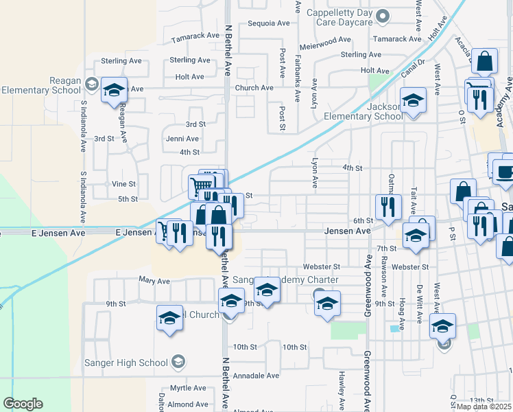 map of restaurants, bars, coffee shops, grocery stores, and more near 538 North Bethel Avenue in Sanger