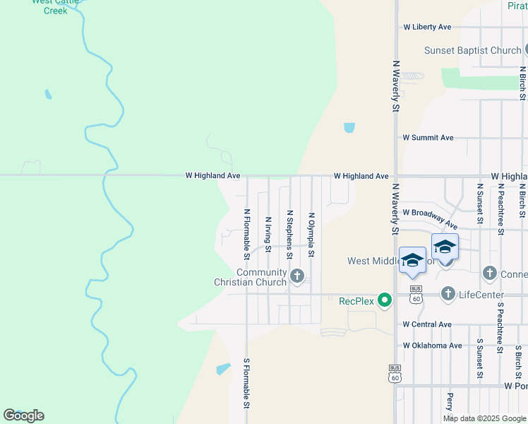 map of restaurants, bars, coffee shops, grocery stores, and more near 408 North Irving Street in Ponca City
