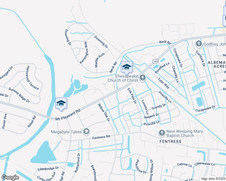 map of restaurants, bars, coffee shops, grocery stores, and more near 928 Virginia 165 in Chesapeake