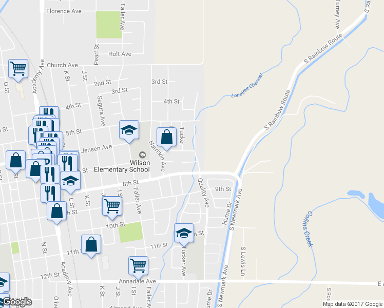 map of restaurants, bars, coffee shops, grocery stores, and more near 505 6th Street in Sanger